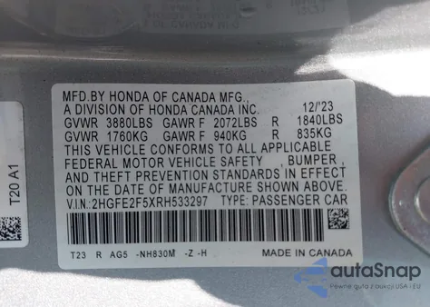 2024 Honda Civic Sport from USA, damaged, VIN 2HGFE2F5XRH533297